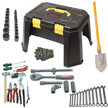Zestaw narzędzi taboret łopata klucze skrzynka z narzędziami