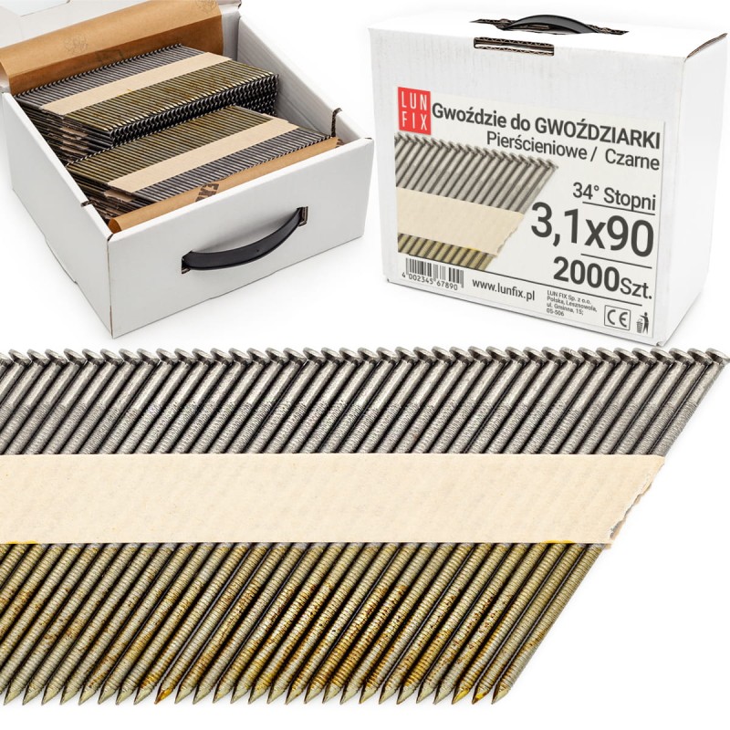 Gwoździe do gwoździarki 90mm 3,1x90 3,5" pierścieniowe na papierze czarne 2000szt.