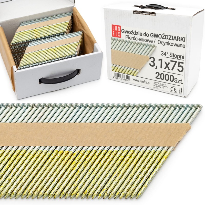 Gwoździe do gwoździarki 75mm 3,1x75 pierścieniowe na papierze ocynkowane 2000szt.