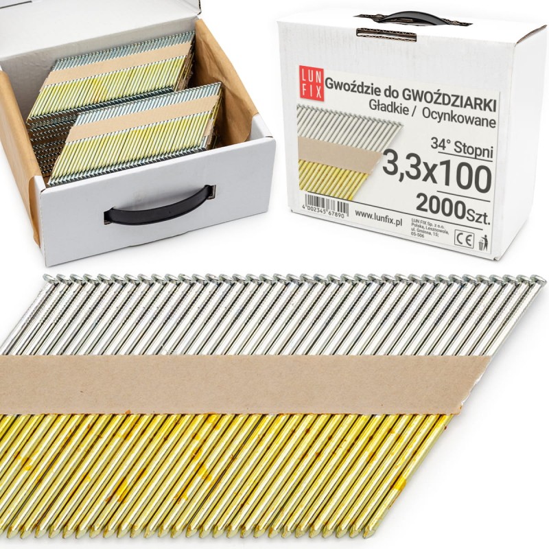 Gwoździe do gwoździarki 100mm 3,3x100 gładkie na papierze ocynkowane 2000szt.