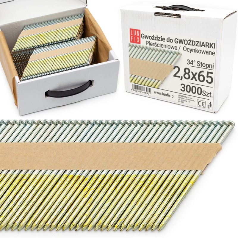 Gwoździe do gwoździarki 65mm 2,8x65 pierścieniowe na papierze ocynkowane 3000szt.