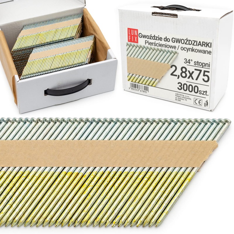 Gwoździe do gwoździarki 75mm 2,8x75 pierścieniowe na papierze ocynkowane 2000szt.