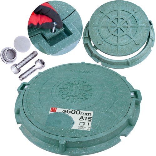Kanaldeckel Schachtabdeckung mit Flanschrahmen DN 600 mm A15 1,5t ‎Grün