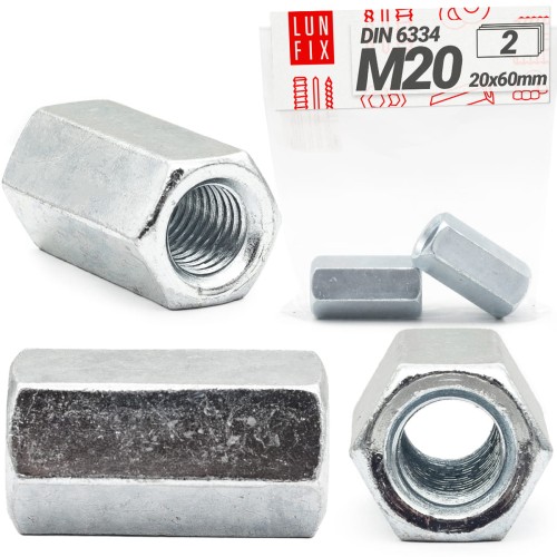 2x Gewindemuffe M20 x 60mm DIN 6334 Sechskant Langmutter 2 Stück