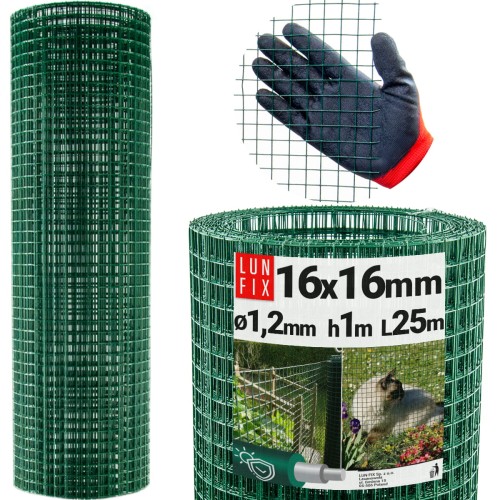 Geschweißtes Gartengitter Grün Verzinkt PVC H1m L25m Maschenweite 16x16mm Ø1,2mm