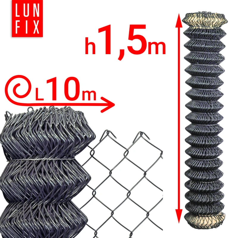 Maschendrahtzaun Graphit 150 cm Masche 62x62 mm Ø 2,5 mm PVC-beschichtet 10 lfm