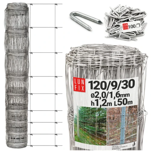 Forstzaun Wildzaun 120 cm Ø 2-1,6 mm verzinkt 50 lfm + 100 Stück Krampen gratis!