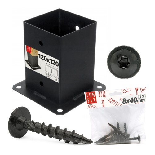 Montage Satz: Pfostenbasis Schwarz 12x12 + Schrauben