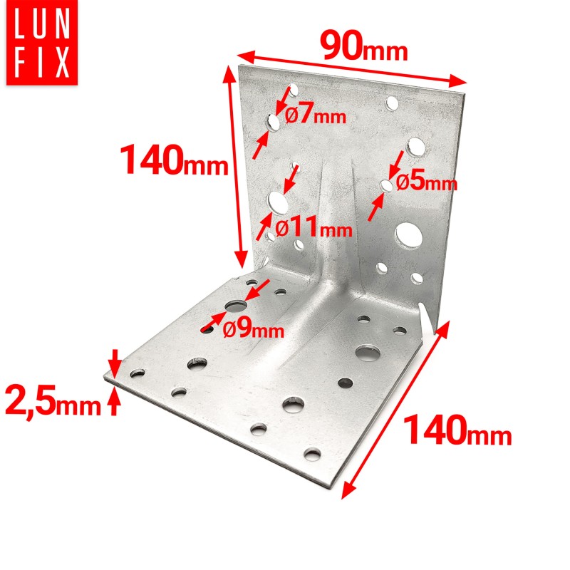 Kątownik montażowy z kolcem 140x140x90x2,5 ciesielski 1szt.
