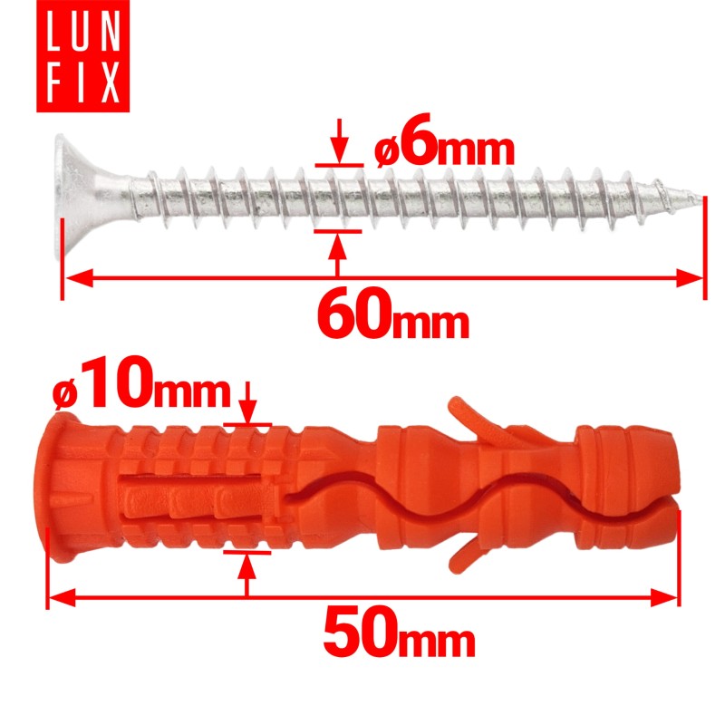 Kołki rozporowe 10x50 mm z wkrętem z łbem stożkowym 6x60 mm 100szt.