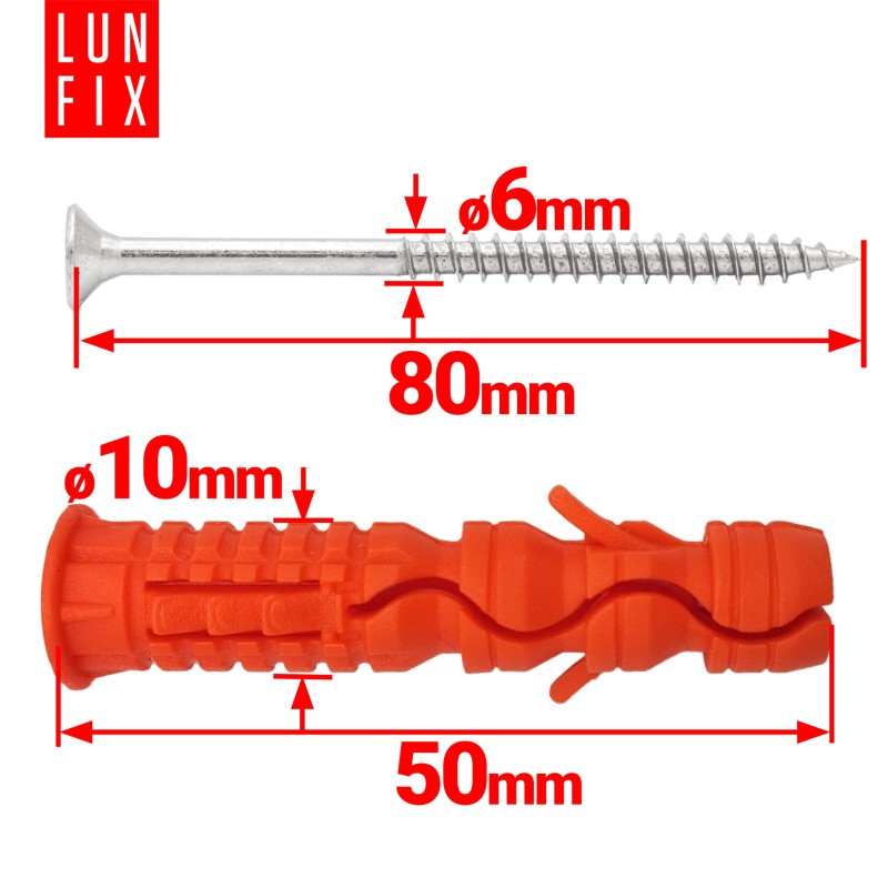 Kołki rozporowe 10x50 mm z wkrętem z łbem stożkowym 6x80 mm 100szt.