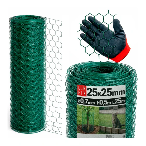 Sechseckgeflecht 25x25 mm, Drahtstärke 0,7 mm, Grün verzinkt Höhe 0,5 m 25 lfm - Tierhaltung, für Volieren, Katzenschutz für Balkon, Vogelschutz
