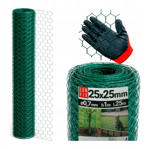 Sechseckgeflecht 25x25 mm, Drahtstärke 0,7 mm, Grün verzinkt Höhe 1 m 25 lfm - Tierhaltung, für Volieren, Katzenschutz für Balkon, Vogelschutz