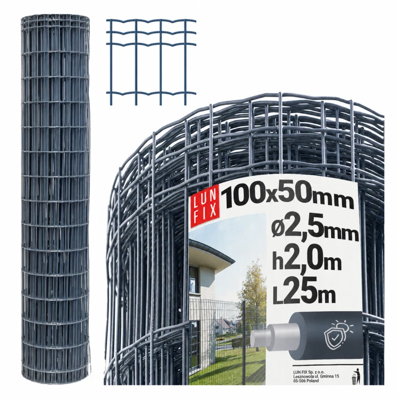 Siatka ogrodzeniowa antracytowa 100x50 mm fi2,5 mm h2 m 25mb - powlekana siatka zgrzewana premium