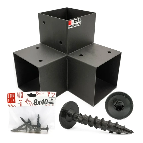 Schwarzer Balkenverbinder Y 100x100 mm und Schrauben 8x40 mm Schwarz - Set Montage