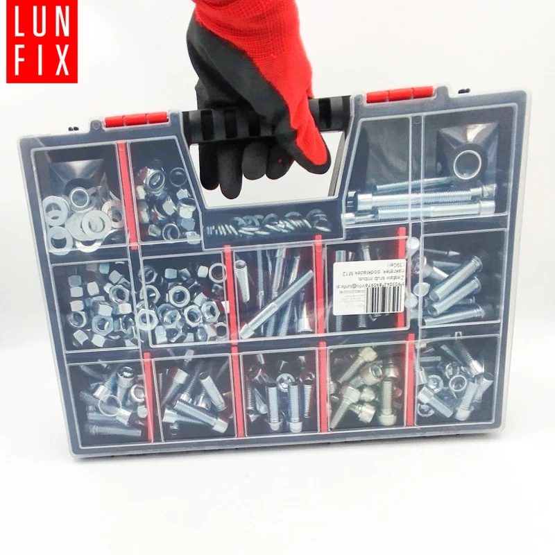 M12 Innensechskantschrauben Muttern Unterlegscheiben Set 390 Teile verzinkt + Organizer 1 Packung