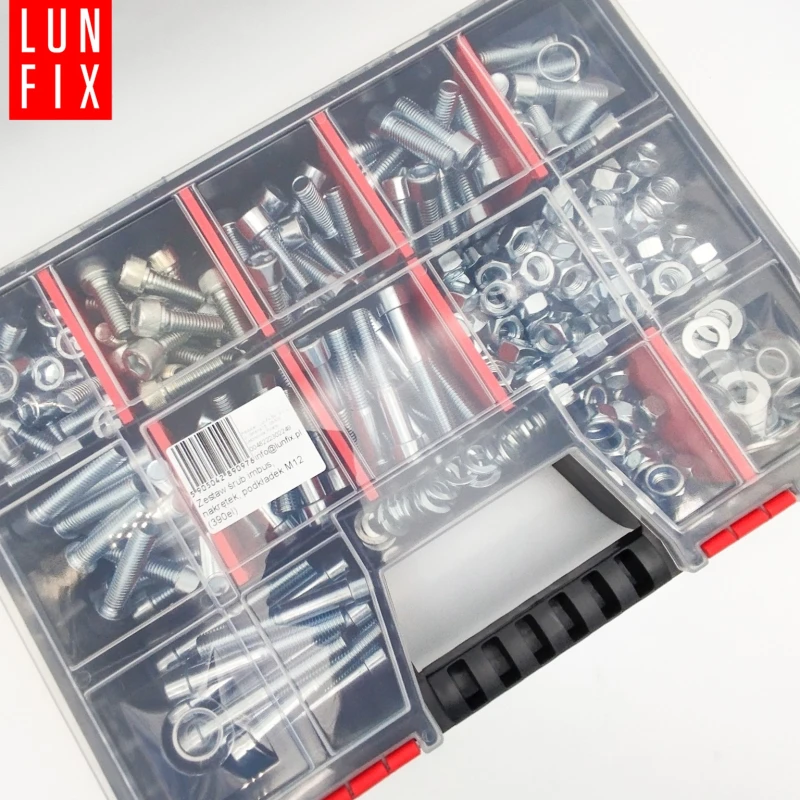 M12 Innensechskantschrauben Muttern Unterlegscheiben Set 390 Teile verzinkt + Organizer 1 Packung