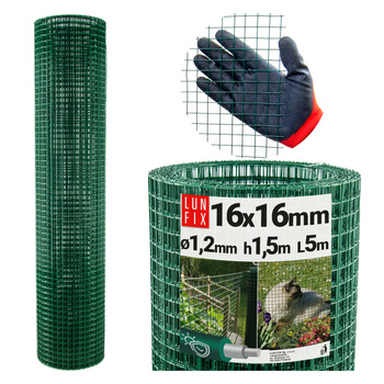 Geschweißtes Gartengitter Grün Verzinkt PVC H1,5m L5m Maschenweite 16x16mm Ø1,2mm