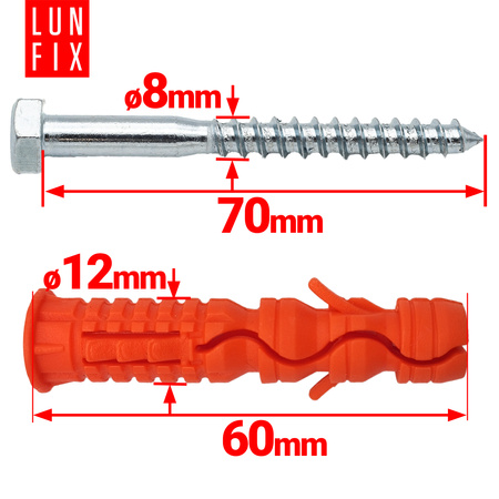 Spreizdübel 12x60 mm mit Sechskant Holzschrauben 8x70 mm 50stk.