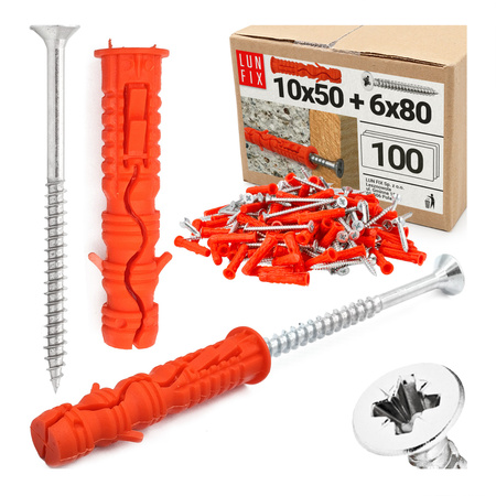 Spreizdübel 10x50 mm Universalschraube mit Senkkopf 6x80 mm 100stk.