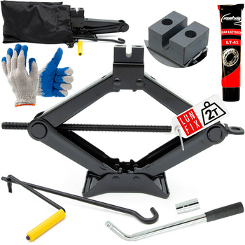 Podnośnik samochodowy trapezowy do 2t w zestawie: smar, klucz do kół i rękawiczki robocze