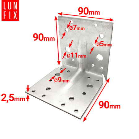 Montagewinkel mit Bolzen 90x90x90x2,5 Zimmerei 10St.