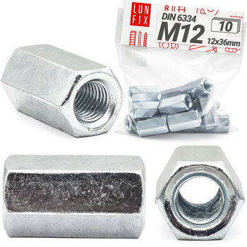10x Gewindemuffe M12 x 36mm DIN 6334 Sechskant Langmutter 10 Stück