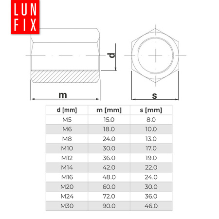 5x Gewindemuffe M16 x 48mm DIN 6334 Sechskant Langmutter 5 Stück