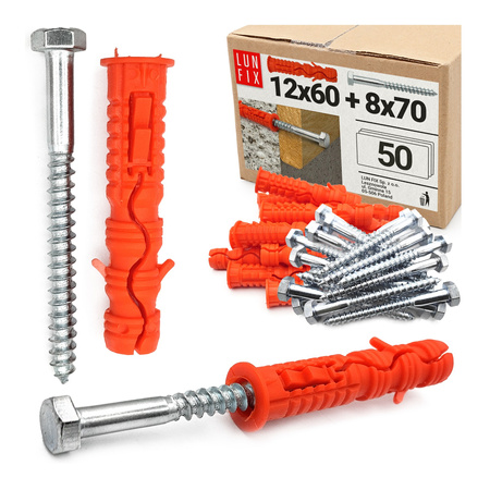 Spreizdübel 12x60 mm mit Sechskant Holzschrauben 8x70 mm 50stk.