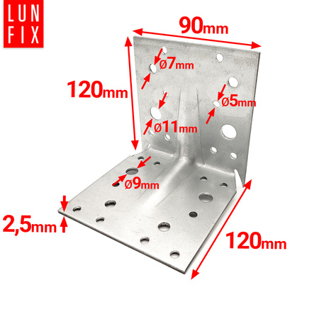 Montagewinkel mit Bolzen 120x120x90x2,5 Zimmerei 1St.
