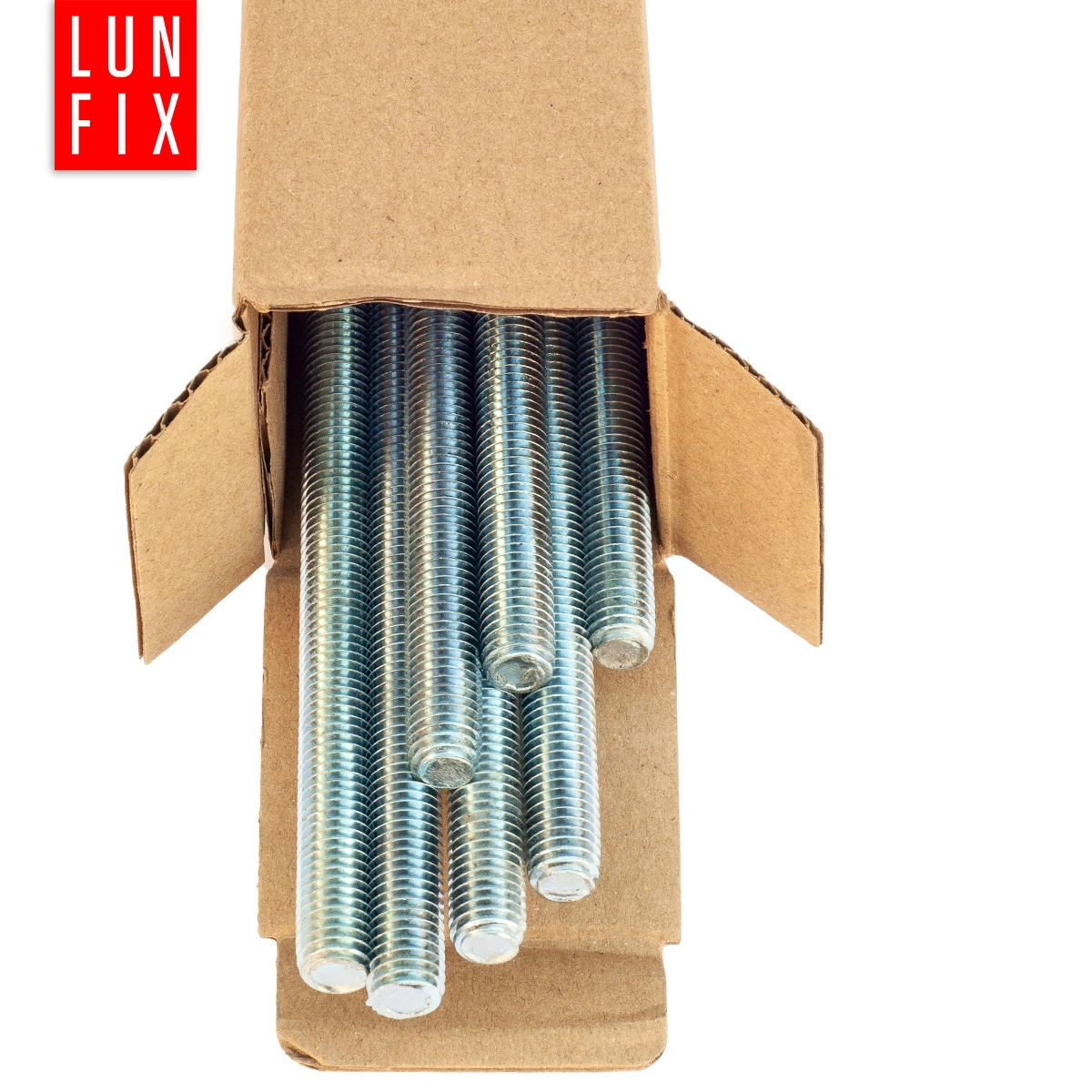 Verzinkte Gewindestangen von Lun Fix in Kartonverpackung – metrische Gewindestäbe für Bau, Montage und Befestigungen