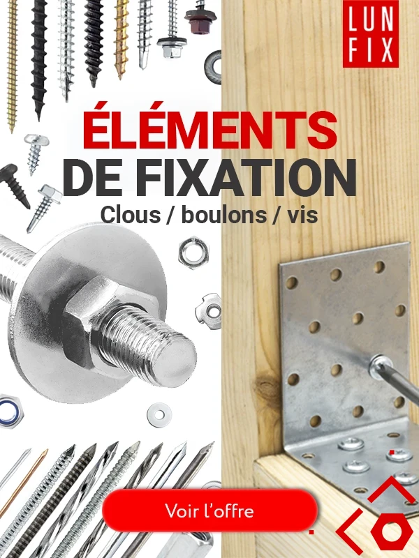 Bannière LUN FIX : Éléments de fixation. Clous, boulons, vis. Assortiment de quincaillerie métallique et équerre d'assemblage. Lun Fix