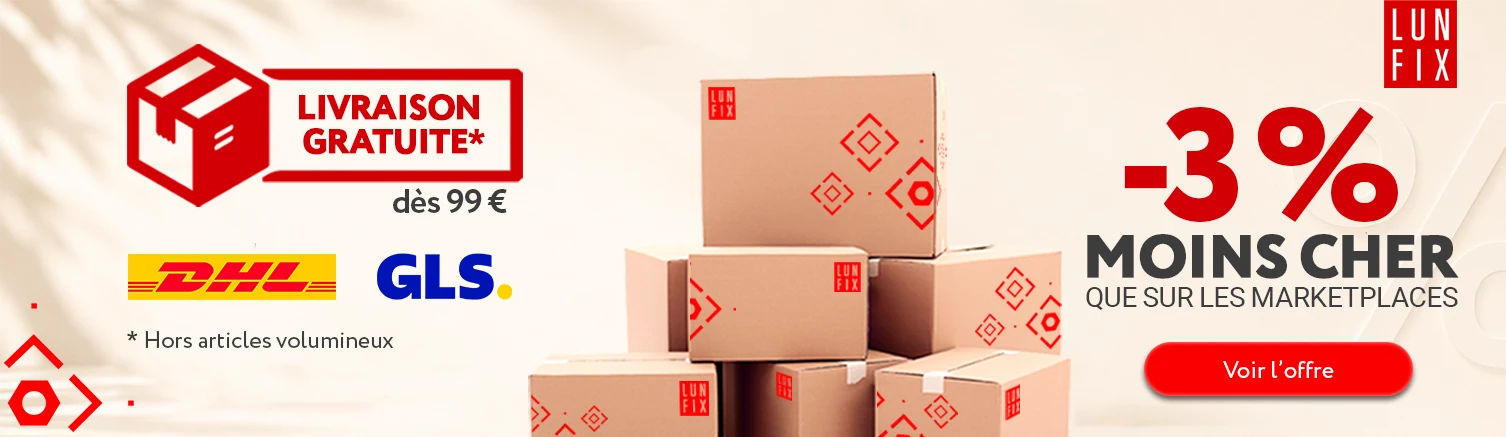 Promotion LUN FIX : -3% de réduction par rapport aux marketplaces et livraison offerte dès 99 euros via DHL ou GLS. Lun Fix