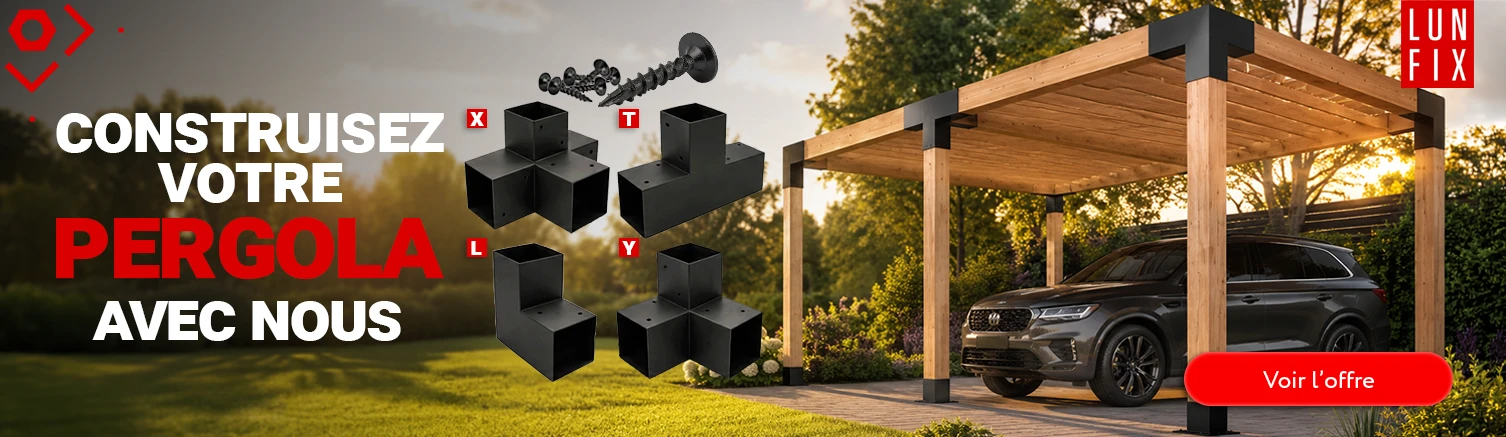 Bannière LUN FIX : Construisez votre pergola avec nous. Présentation de connecteurs métalliques (X, T, L, Y) pour bois, vis de fixation et une pergola finie de type carport. Lun Fix